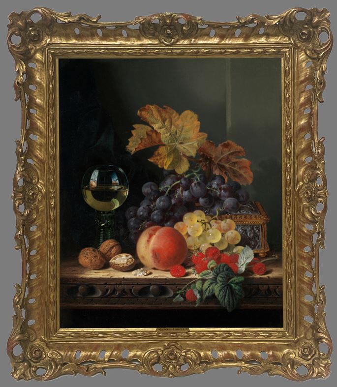 Edward Ladell - Still life of fruit with a goblet of wine &amp; Still life of flowers, fruit and a bird’s nest | MasterArt